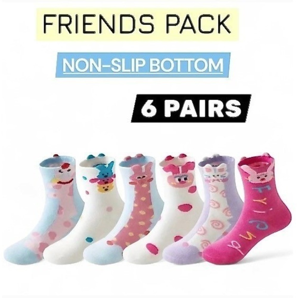 Girls Grip Anti-slip Animal Whimsical Funny Critter Pack Cotton Socks 3-5 YO 6pk